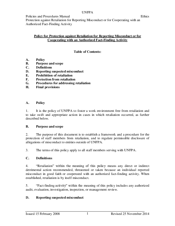 Policy on Protection against Retaliation 