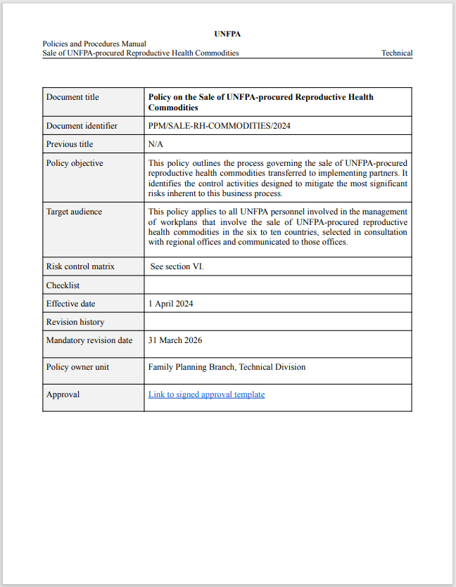 Policy on the Sale of UNFPA-procured Reproductive Health Commodities Policy on the Sale of UNFPA-procured Reproductive Health Commodities