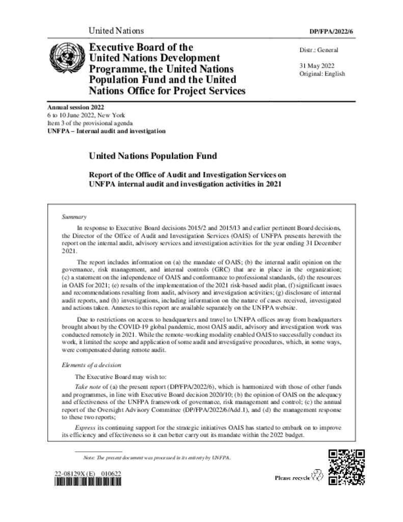 Report of the Director of the Office of Audit and Investigation Services on UNFPA internal audit and investigation activities in 2021